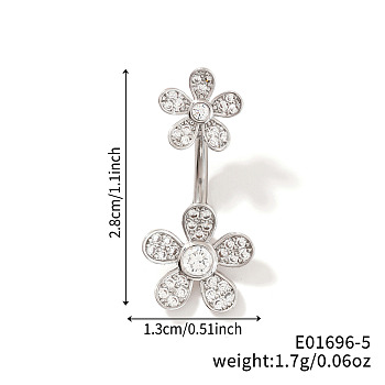 Shiny Sunflower Brass Full Crystal Rhinestone Belly Button Rings, Piercing Navel Rings, Barbell Body Jewelry for Women, Stainless Steel Color, 28x13mm