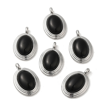 Natural Black Onyx Pendants, Brass Oval Charms, Real Platinum Plated, 23x15x7mm, Hole: 3x2mm