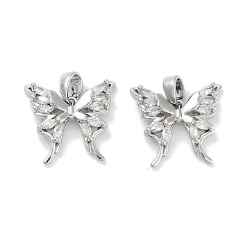 Brass Micro Pave Cubic Zirconia Pendants, Butterfly Charms, Platinum, 15x16x3.5mm, Hole: 3x4mm