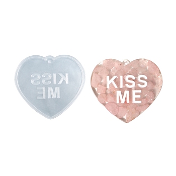 Silicone Heart with Hollow Word KISS ME Pendant Molds, Valentine's Day Theme  Resin Casting Molds, for UV Resin & Epoxy Resin Jewelry Making, White, 61x68x6mm, Hole: 2.5mm, Inner Diameter: 55x62x6mm