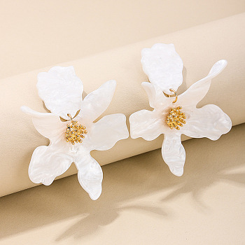 Valentine's Day Acrylic & Alloy Dangle Stud Earrings, Flower, Golden, White, 72x60mm