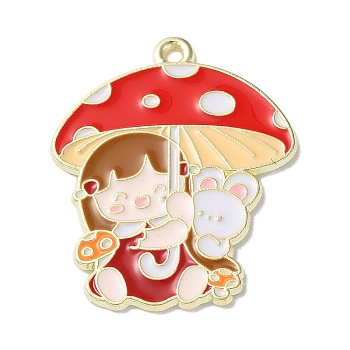 Zinc Alloy Pendant, with Enamel, Mushroom with Girl and Rabbit, Light Gold, Camel, 30x25x1.5mm, Hole: 1.6mm