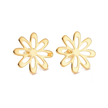 201 Stainless Steel Stud Earring Findings, with 304 Stainless Steel Pin and Ear Nuts, Flower, Real 24K Gold Plated, 21mm, Hole: 2x6mm, Pin: 0.7mm