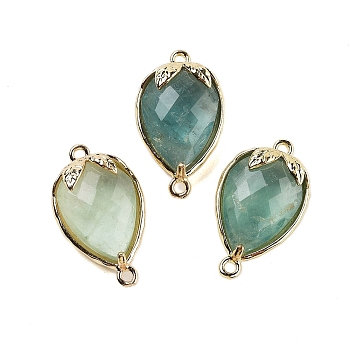 Natural Green Fluorite Faceted Teardrop Connector Charms, Brass Strawberry Links, Golden, 20x11.5x5mm, Hole: 1.2mm