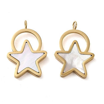 304 Stainless Steel Pendants, with Shell, Star Charm, Real 14K Gold Plated, 19.5x13x2mm, Hole: 2mm