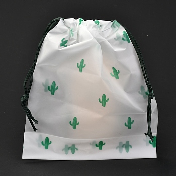 Plastic Frosted Drawstring Bags, Rectangle, Cactus Pattern, 20x16x0.02~0.2cm
