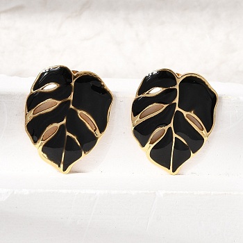 Brass Stud Earrings for Women, Leaf, with Enamel, Rack Plating, Long-Lasting Plated, Lead Free & Cadmium Free, Real 18K Gold Plated, Black, 24x19mm
