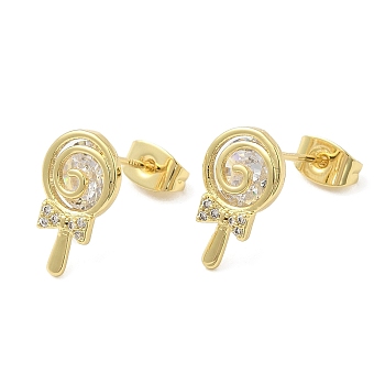 Cubic Zirconia Lollipop Stud Earrings, Brass Earrings for Women, Real 18K Gold Plated, 14x8.5mm