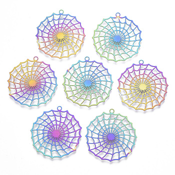 Ion Plating(IP) 201 Stainless Steel Filigree Pendants, Etched Metal Embellishments, Spider Web, Rainbow Color, 32.5x30.5x0.4mm, Hole: 1.8mm