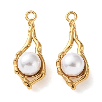 304 Stainless Steel & ABS Plastic Pearl Pendants, Abstract Teardrop Charm, Ion Plating(IP), Long-Lasting Plated, Golden, 35x14x11mm, Hole: 2mm
