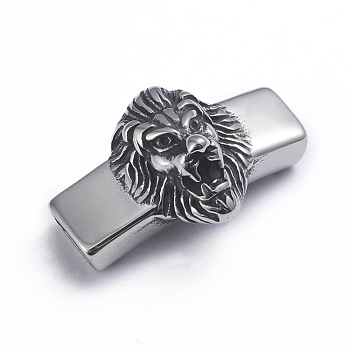Retro 304 Stainless Steel Slide Charms/Slider Beads, for Leather Cord Bracelets Making, Rectangle with Lion, Antique Silver, 21x34x14mm, Hole: 4x8mm
