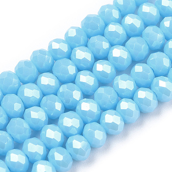 Electroplate Glass Beads Strands, Pearl Luster Plated, Faceted, Rondelle, Light Sky Blue, 4x3mm, Hole: 0.4mm, about 113~115pcs/strand, 41~42cm