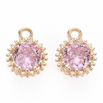 Brass Micro Pave Cubic Zirconia Charms, Nickel Free, Real 18K Gold Plated, Faceted Flat Round, Pink, 9x7x4mm, Hole: 1.2mm