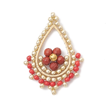 Faceted Round Natural Red Jasper & Glass Seed Beaded Pendants, Teardrop Charms with Copper Wire Wrapped, with 201 Stainless Steel Frame, Golden, 32x23~23.5x5mm, Hole: 1mm