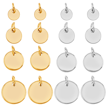 48Pcs 8 Styles 304 Stainless Steel Charms, with Jump Rings, Blank Stamping Tag, Flat Round, Golden & Stainless Steel Color, 6~12x0.7~1mm, Hole: 3.5mm, 6pcs/style