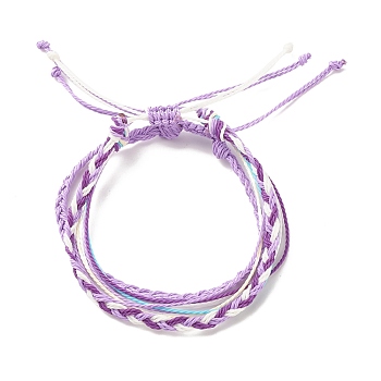 3Pcs 3 Style Waxed Polyester Braided Bracelets Sets, Multi-string Cord Bracelets for Women, Purple, Inner Diameter: 2-1/4~3-3/8 inch(5.7~8.6cm), 1Pc/style