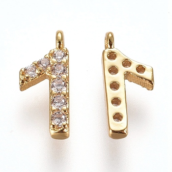 Brass Micro Pave Clear Cubic Zirconia Charms, Number, Golden, Num.1, 9.5~10x4~6.5x2mm, Hole: 0.8mm