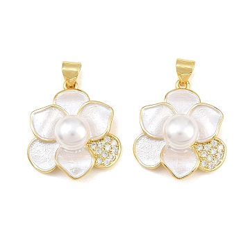 Brass Micro Pave Clear Cubic Zirconia Pendants, with Enamel & ABS Plastic Imitation Pearl, Flower Charms, Rack Plating, Long-Lasting Plated, Lead Free & Cadmium Free, Golden, 23.5x20x7.5mm, Hole: 5x3.5mm