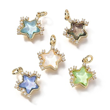 Brass Micro Pave Cubic Zirconia Charms, Star, with Glass & Glitter Powder & Loop, Long-Lasting, Lead Free & Cadmium Free, Mixed Colors, Real 18K Gold Plated, 12.5x12x4mm, Hole: 2mm