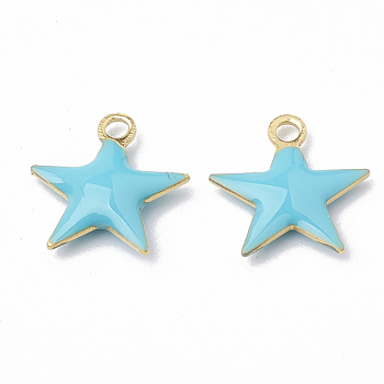 Brass Charms, Enamelled Sequins, Raw(Unplated), Star, Cyan, 18.5x17x2.5mm, Hole: 1mm