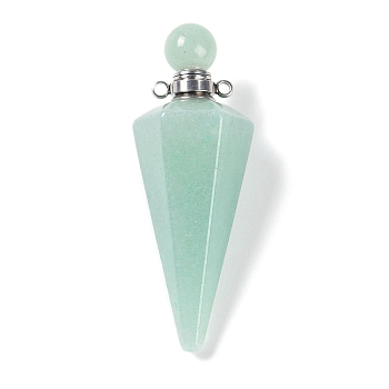 Natural Green Aventurine Faceted Cone Openable Perfume Bottle Big Pendants, with 304 Stainless Steel Findings, Stainless Steel Color, 49.5~51.5x18.5x18.5mm, Hole: 1.8mm