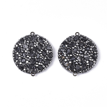 Polymer Clay Rhinestone Links connectors, with Synthetic Quartz Crystal Chip, PU Leather and Gunmetal Plated Iron Loop, Flat Round, 42~43x37.5x8.5mm, Hole: 2mm