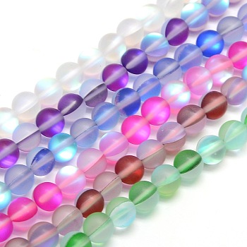 Synthetic Moonstone Beads Strands, Holographic Beads, Half AB Color Plated, Frosted, Round, Mixed Color, 10mm, Hole: 1mm, about 37pcs/strand, 15 inch