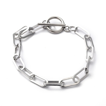 304 Stainless Steel Paperclip Chain Bracelets, with Toggle Clasps, Stainless Steel Color, 8 inch(20.2cm)