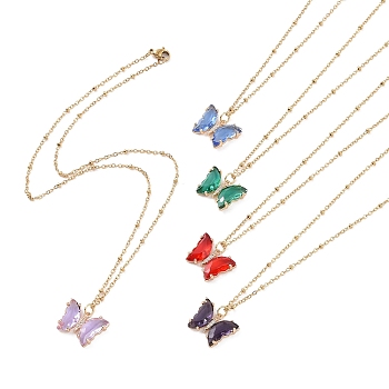 5Pcs 5 Color Glass Butterfly Pendant Necklaces Set with 304 Stainless Steel Satellite Chains for Women, Mixed Color, 17.80 inch(45.2cm), 1Pc/color
