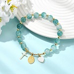 Natural Flower Jade Round Beads Stretch Bracelets, 304 Stainless Steel & Natural Shell Charm Bracelets for Women, Oval with Virgin Mary & Cross & Heart, Golden, Inner Diameter: 2.32 inch(5.9cm)(BJEW-JB14147-02)
