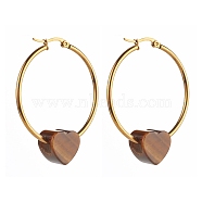 Heart Natural Tiger Eye Beads Earrings for Girl Women, 304 Stainless Steel Big Hoop Earrings, Golden, 49x39.5mm, Pin: 0.8mm(EJEW-JE04638-04)