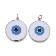 Brass Enamel Pendants, with Jump Rings, Long-Lasting Plated, Flat Round with White Evil Eye, Real Platinum Plated, 22.5x20x2~2.5mm, Hole: 3mm(KK-F821-48A-P)