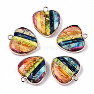 Natural Regalite/Imperial Jasper/Sea Sediment Jasper Pendants, with Light Gold Tone Brass Edge, Dyed, Heart, Colorful, 28x26x7mm, Hole: 2mm(G-N326-77A-01)