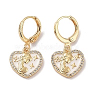 Real 18K Gold Plated Brass Dangle Leverback Earrings, with Enamel and Cubic Zirconia, Heart, 27x11.5mm(EJEW-L269-003G-02)