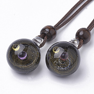 Handmade Gold Sand Lampwork Pendants, Galaxy Universe Ball, with Two Color Small Ball inside, Black, 28~31x21~23x18~21mm, Hole: 3mm(LAMP-R137-C03)