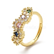 Colorful Cubic Zirconia Flower Adjustable Ring, Brass Jewelry for Women, Real 18K Gold Plated, US Size 8 1/2(18.5mm)(KK-H439-39G)