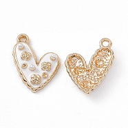 Alloy Enamel Pendants, with ABS Imitation Pearl Beads, Light Glod, Heart with Flower Charm, White, 21x14.5x4mm, Hole: 1.6mm(PALLOY-P287-14LG-04)
