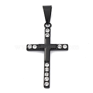 304 Stainless Steel Pendants, Cross Charm, with Rhinestone, PVD Vacuum Plating, Black, 37.5x22x2.5mm, Hole: 9x4.5mm(STAS-G346-32B-02)