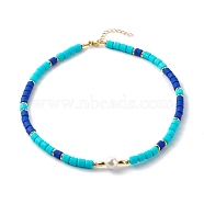 Polymer Clay Beaded Necklaces, with Shell Pearl and Brass Spacer Beads, Dark Turquoise, 16.93 inch(43cm)(NJEW-JN03582)