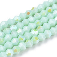 Opaque Solid Color Electroplate Glass Beads Strands, AB Color Plated, Faceted, Bicone, Light Cyan, 2.9~3.3x2.5mm, Hole: 0.7mm, about 145~150pcs/strand, 16.34~16.54 inch(41.5~42cm)(EGLA-A039-P2mm-L20)