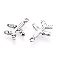 304 Stainless Steel Charms, Manual Polishing, with Rhinestone, Airplane Charm, Stainless Steel Color, 14x11x2mm, Hole: 1.4mm(X-STAS-T064-27P)