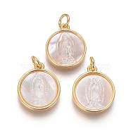 Brass Pendants, with Shell and Jump Ring, Flat Round with Virgin Mary, Golden, 16x14x3mm, Hole: 3mm(X-KK-I656-43G)