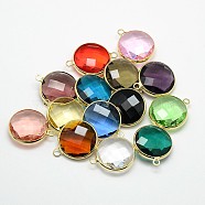 Golden Tone Brass Glass Pendants, Flat Round, Mixed Color, 12x9x5mm, Hole: 2mm(GLAA-J018A-G)
