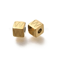 Ion Plating(IP) 304 Stainless Steel Beads, Cube with Letter, Real 14K Gold Plated, Letter W, 5x5x5mm, Hole: 2mm(STAS-F308-01G-W)