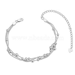 SHEGRACE 925 Sterling Silver Multi-Strand Bracelets, with Snake Chains and Round Beads, Platinum, 6-1/2 inch(16.5cm)(JB620A)
