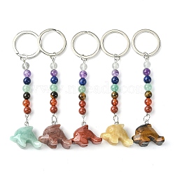 Dolphin Natural Gemstone Keychain, with 7 Chakra Beads and Iron Key Rings, for Women Men Hanging Car Bag Charms, 10.2~10.4cm(KEYC-F040-05)