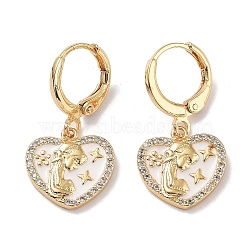 Real 18K Gold Plated Brass Dangle Leverback Earrings, with Enamel and Cubic Zirconia, Heart, 27x11.5mm(EJEW-L269-003G-02)