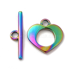 Ion Plating(IP) 304 Stainless Steel Toggle Clasps, Heart, Rainbow Color, Heart: 16x16x2mm, Hole: 2.5mm, 8mm inner diameter, Bar: 22x5.5x2mm, hole: 2.5mm(STAS-F290-07MC)