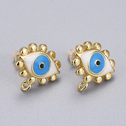Brass Stud Earring Findings, with Enamel and Plastic Ear Nuts, Long-Lasting Plated, Evil Eye, Real 18K Gold Plated, 12.5x13mm, Hole: 1.2mm, Pin: 0.9mm(EJEW-K083-10G)