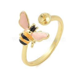 Bees Brass Enamel Cuff Ring Settings, for Half Drilled Beads, Rack Plating, Long-Lasting Plated, Lead Free & Cadmium Free, Golden, Inner Diameter: 17mm, Pin: 3x0.8mm(KK-K297-04G)